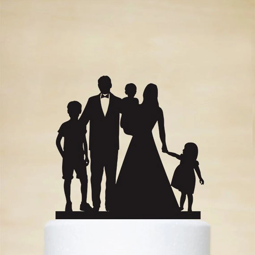 Family Wedding Cake Topper,Bride and Groom With Children Silhouette Cake Topper,Couple holding children and boygirl Cake Topper