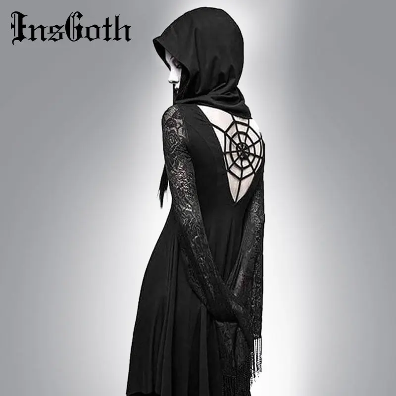 

InsGoth Black Gothic Hoodie Women Dress Spider Hollow Out Lace Long Sleeve Ruffles Dress Lady Party Halloween Dress Plus Size