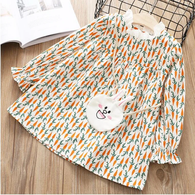 

spring autumn Girls flower Dresses with Bag Print Fashion kids dresses baby clothes Lolita cute Princess children's clothing