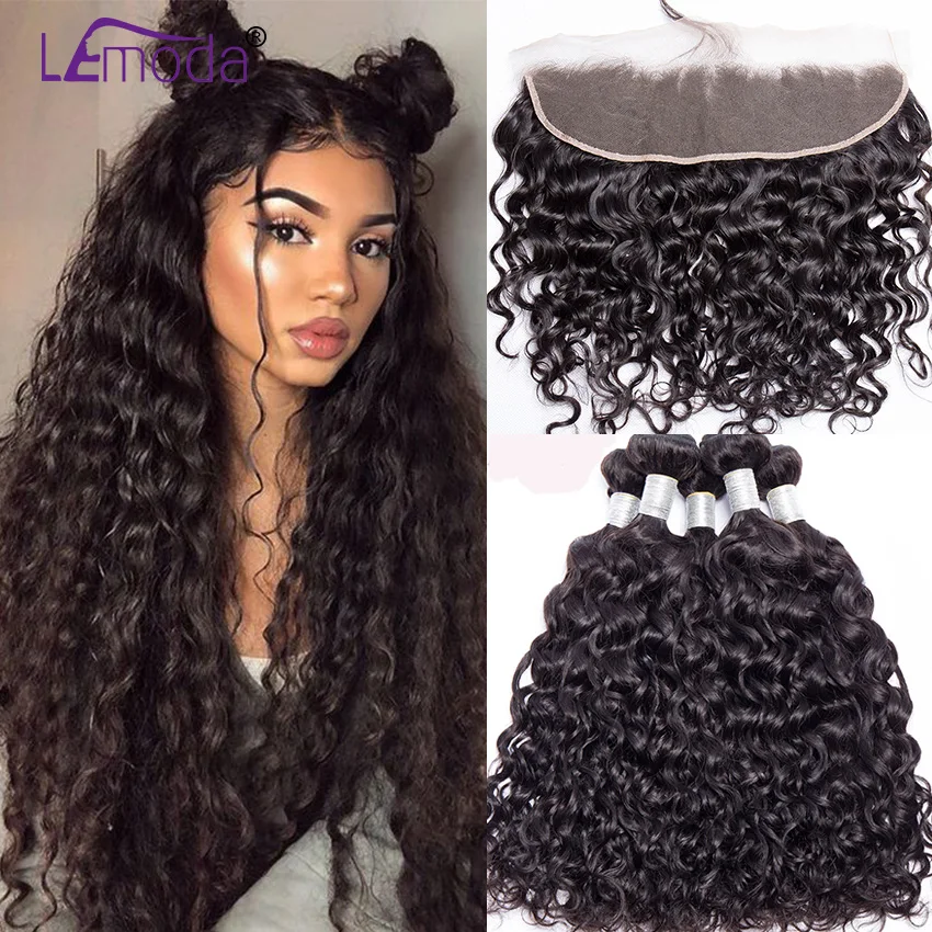 LeModa Malaysian Water Wave Human Hair 3 Bundles With Lace Frontal Closure Remy Hair Extensions 13x4 Lace Frontal With Bundles