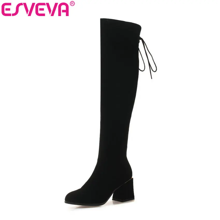 

ESVEVA 2019 High Heels Women Knee-high Boots Square Heels Zip Round Toe Autumn Motorcycle Boots Woman Lace Up Shoes Size 34-43