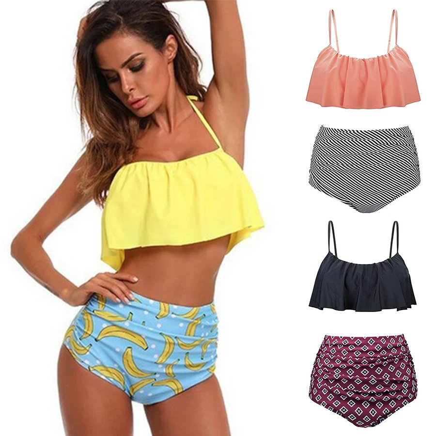 

High Waist Swimsuit 2018 Sexy Large Bikinis Women Swimwear Ruffle Vintage Bandeau Striped Bottom Bikini Set Beach Wear Plus XXL