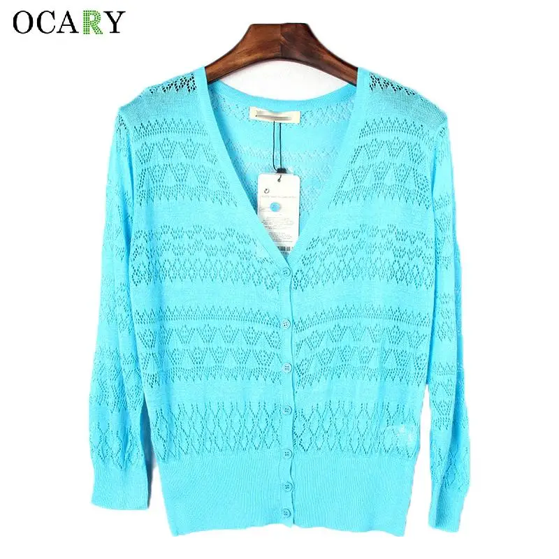 Hollow Out Women Sweaters Mujer Summer Cardigan Thin V-neck Maglioni Donna Knitted Cardigans Crochet Top Femme Fashion Haut