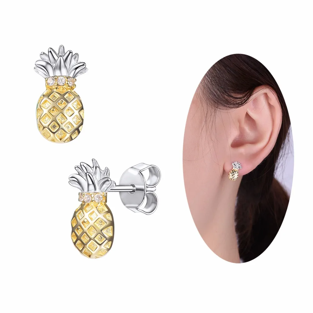 Tropical Earrings Golden Brass Earrings Fruit Jewelry Pineapple Earrings Sterling Silver Hypoallergenic Summer Jewelry Summer Studs