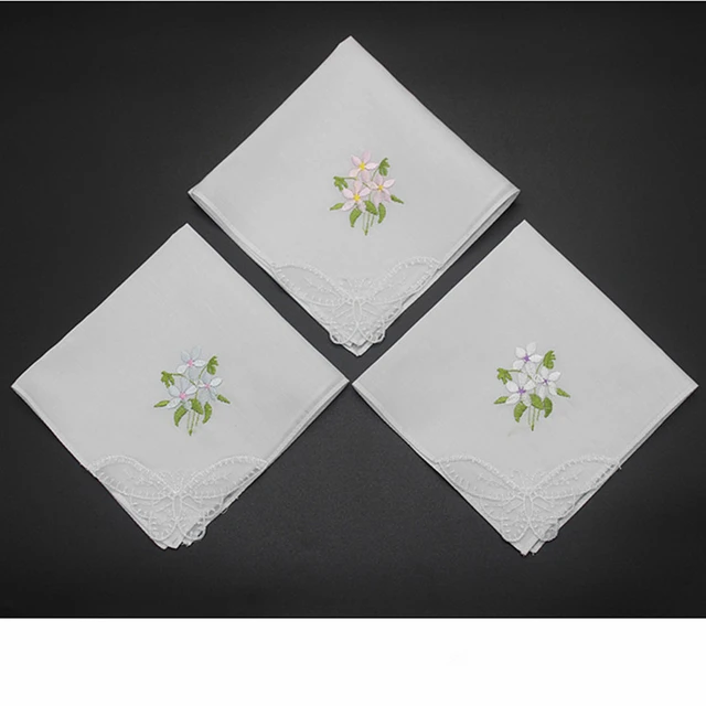2Pcs/lotEmbroidered Handkerchief Cotton White Handkerchief, Embroidery Lace, Single Side Edge 2