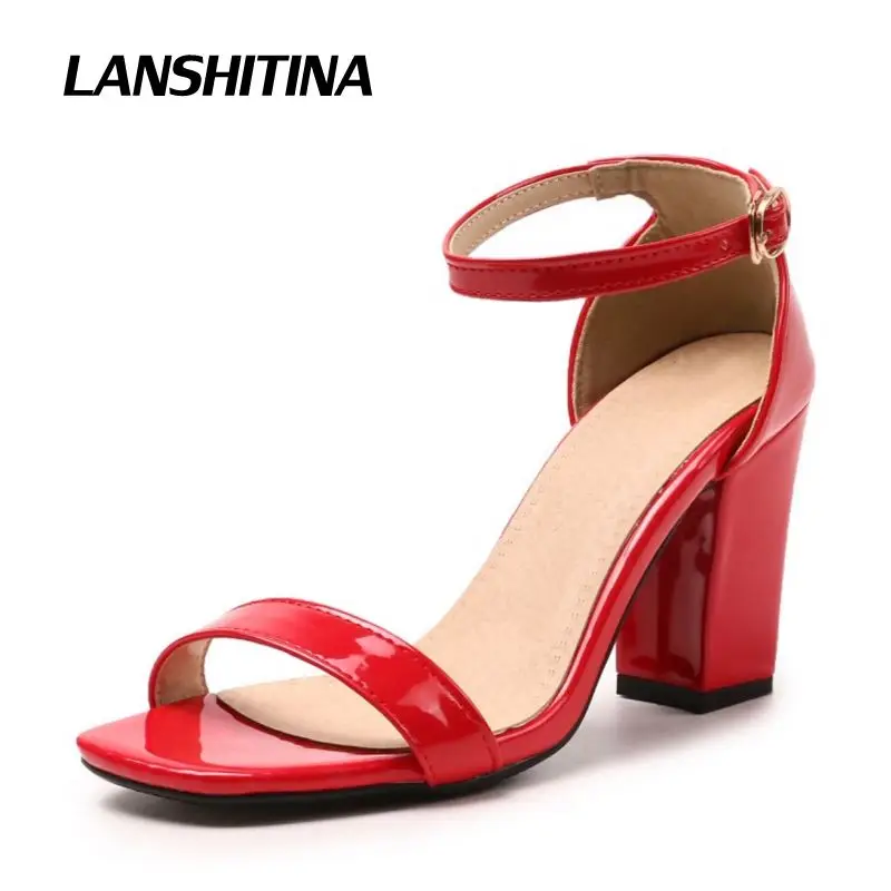 

LANSHITINA Chunky Heel Women Ankle Strap Gladiator Sandals Women's Summer Shoes Fashion Female Sandilas Cover Heel Flock Party