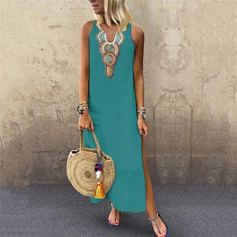 

JAYCOSIN 2019 Women Summer Dress Fashion Casual Printed Sleeveless V-neck Maxi Dress Split Hem Baggy Kaftan Long Dress may28#4