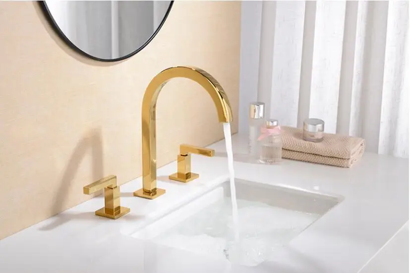 Смеситель для умывальника полированная латунь золотой бортике квадратный Ванная комната смесители раковины 3 отверстия двойная ручка