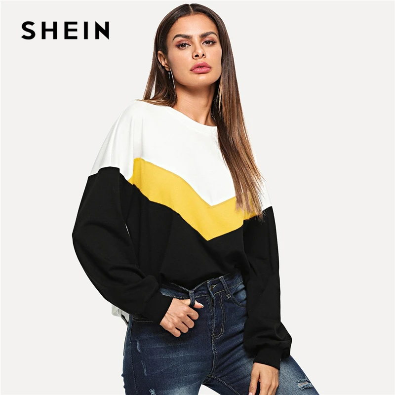  SHEIN Multicolor Cut And Sew Color Block Pullover Casual Long Sleeve Round Neck Sweatshirts Women A