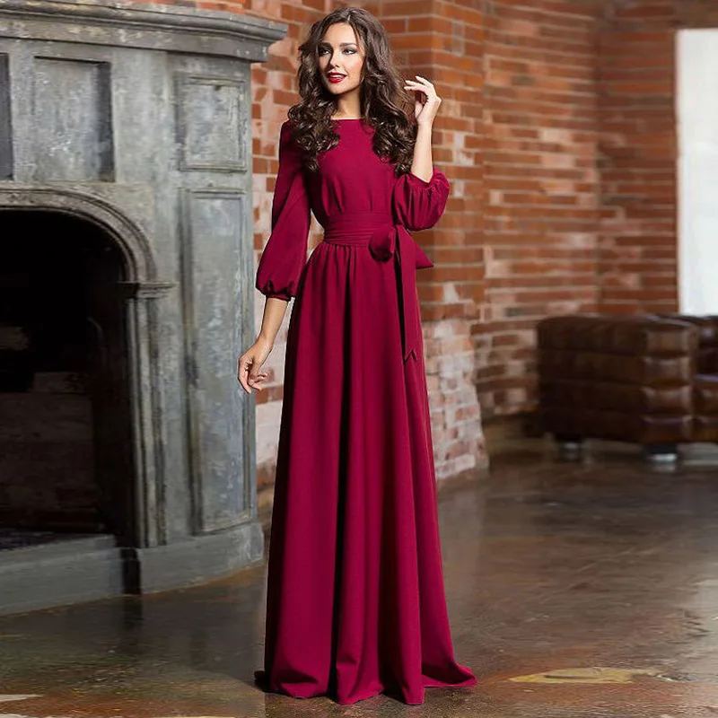 Luzuzi осенне-зимнее женское длинное платье с круглым вырезом в богемном стиле, облегающее винтажное Повседневное платье с рукавом-фонариком и рукавом три четверти - Цвет: wine red