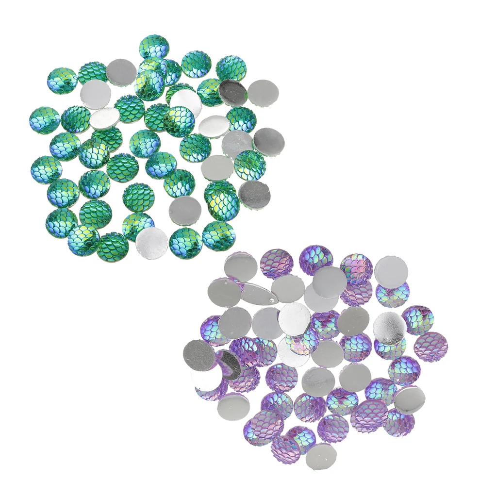 100 Pieces Green and Deep Purple Colors Mermaid Dome Seals Cabochon Jewelry Supplies DIY Embellished Crafts 12 mm