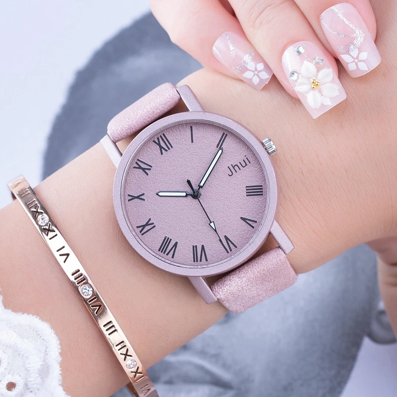 New Pink Leather Lady Wrist Watches Women Roman Numerical Quartz Women
