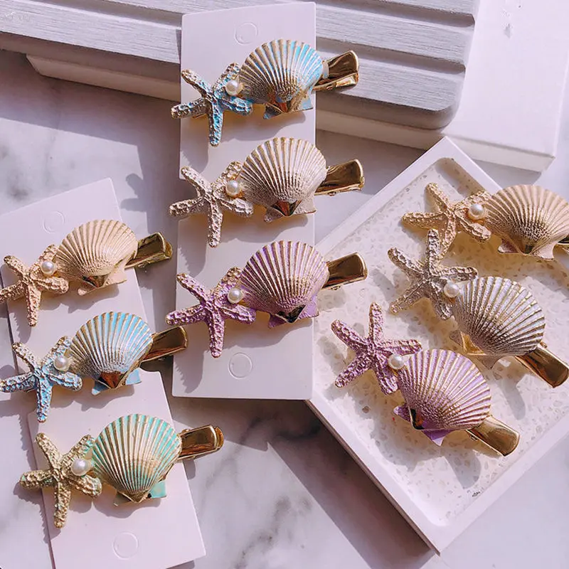 

AOMU 2019 Fashion Imitation Pearl Barrettes Colorful Shell Starfish Hairpin Hair Clip for Women Beach Hair Accessories