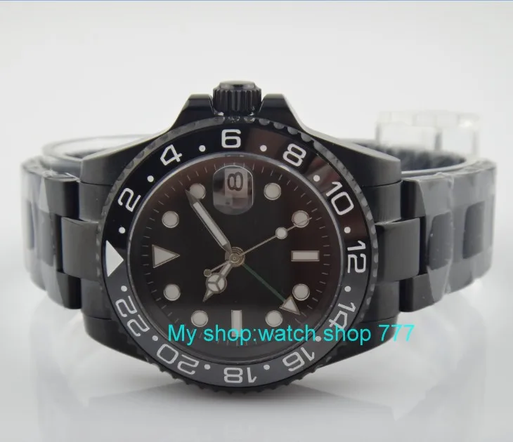 40 мм PARNIS с черным циферблатом GMT автоматические механические часы с автоматическим заводом светящиеся мужские часы PVD чехол сапфировое стекло 355