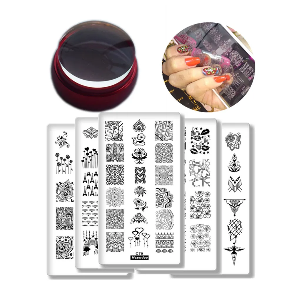 

5Pcs Nail Stamping Plates + 1 Metal Handle Stamper Scraper Set Mandala Flora Leaf Stamp Image Printing Stencil DIY Decorations