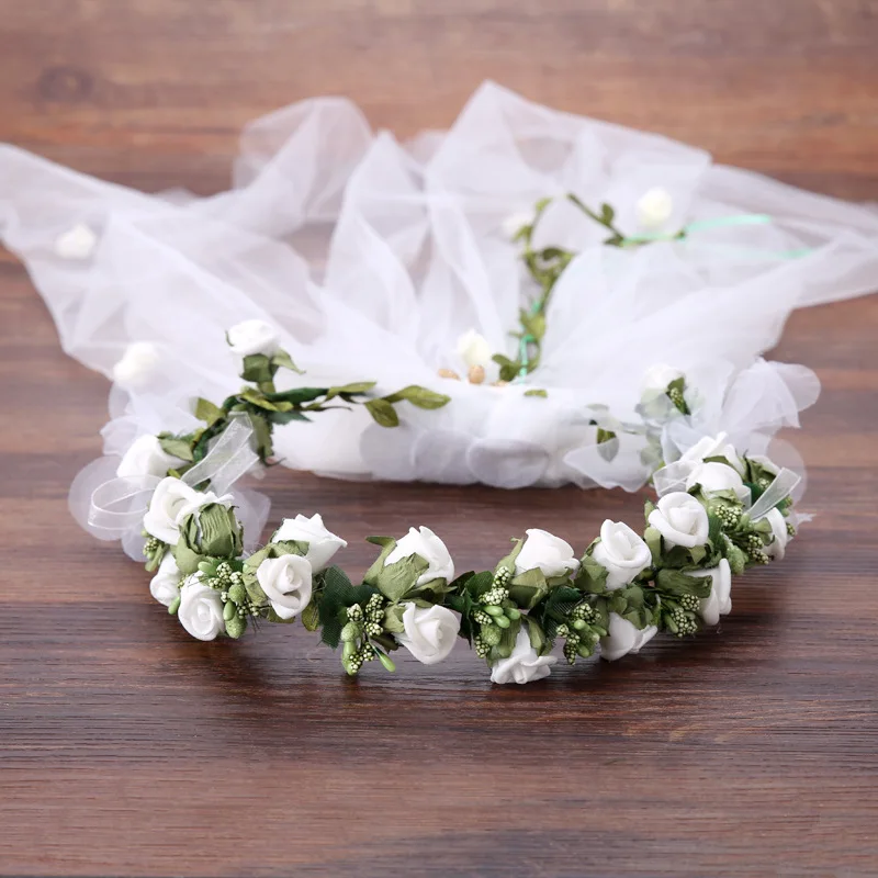 Белый цветок венок-гирлянда головной убор вуаль тиара ободок для волос Свадебные украшения для волос женские свадебные повязки Свадебные аксессуары для волос