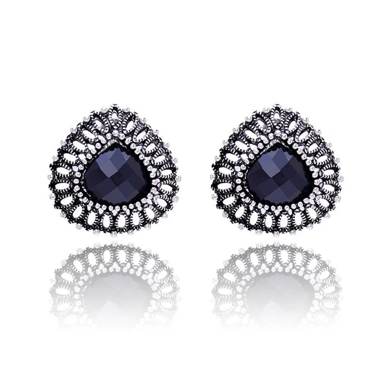 Black crystal stud earrings for women antique silver color zinc alloy