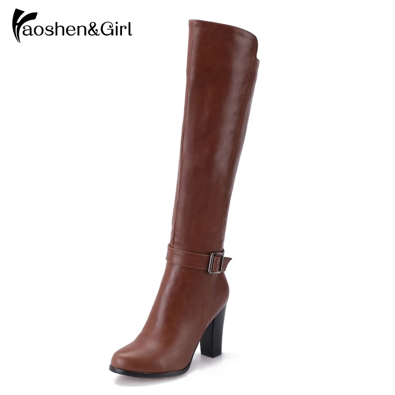 

Haoshen&Girl Shoes Women Winter Knee High Boots Retro Buckle Zipper Riding Boots Long England Style Warm Boot Shoes Size 34-43