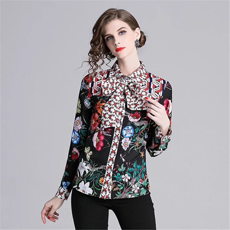 

2019 elegant bow women print blouse long sleeve brand runway office shirts female wear work casual tops