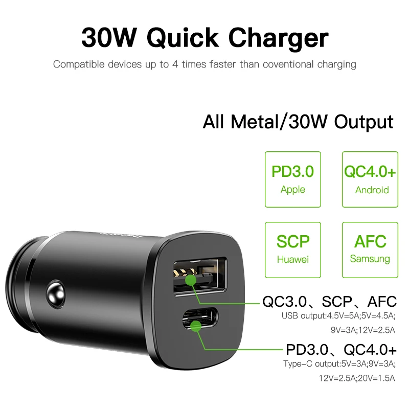 Baseus 30 W USB نوع C PD سريعة تهمة 4.0 3.0 شاحن سيارة لهواوي أدائنا SCP الهاتف المحمول شاحن سريع سيارة الهاتف شاحن