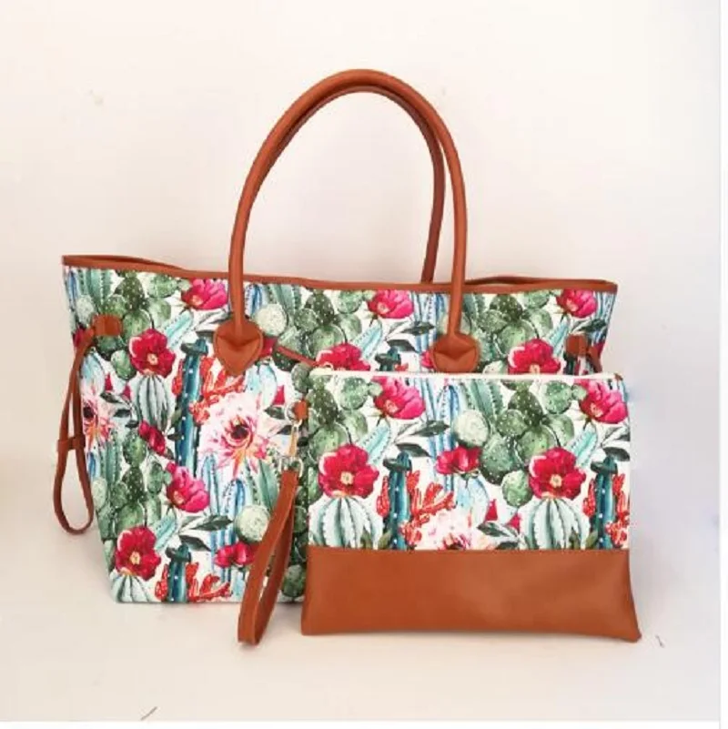 Wholesale EndLess Cactus Series Tote Bag With Matching Wristlet Canvas