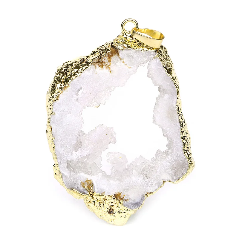 Natural White Clear Crystal Pendant Gold Plating Druzy Pendant Handmade