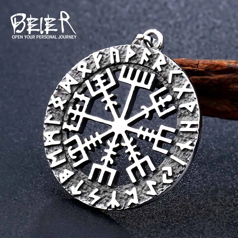 

Beier 316L stainless steel viking odin's symbol of norse runic pendant necklace Viking Runes Vegvisir Compass chain BP8-288