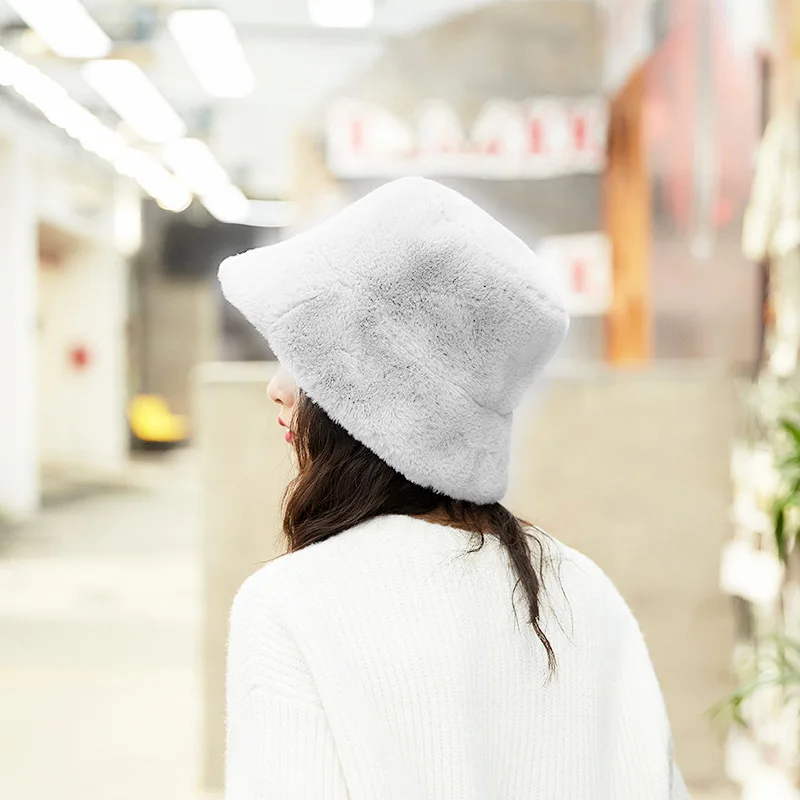 Fur Thick Warm Winter Bucket Hat Women Solid Color Girls Flat Top Velvet Fedoras Ladies Plush Bob Feminios Fashion Gorras