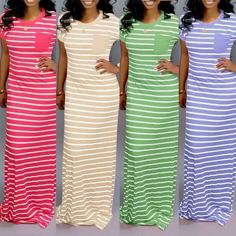 

Women Summer Dress Casual Striped Floor Length Long Maxi Dress O Neck Ladies Dresses Long Dresses Evening Party Clothes Sundress