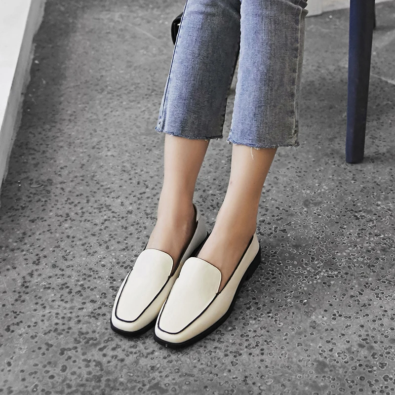 Brand Shoes Women Loafers Soft Leather Flats Basic Square Toe Fashion Ladies Loafers Genuine Leather Women Casual Shoes