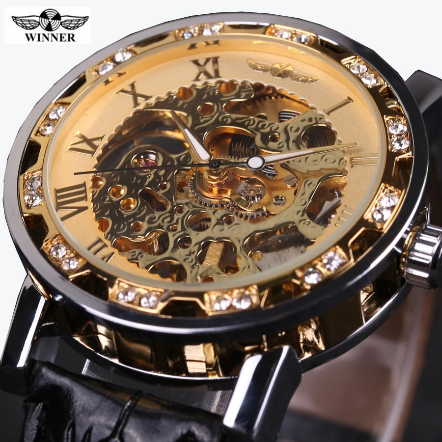 Мужские механические часы Heren Horloge Winner с кожаным ремешком, мужские роскошные золотые механические часы s Erkek Kol Saati