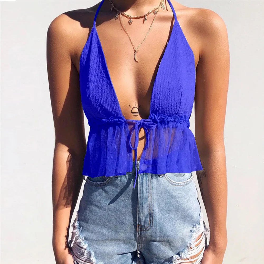 

Blue Summer Halter Sexy Women Sleeveless Backless Vest Top V Neck Halter Short Bralette Bustier Mesh Ruffles Fashion Shirts