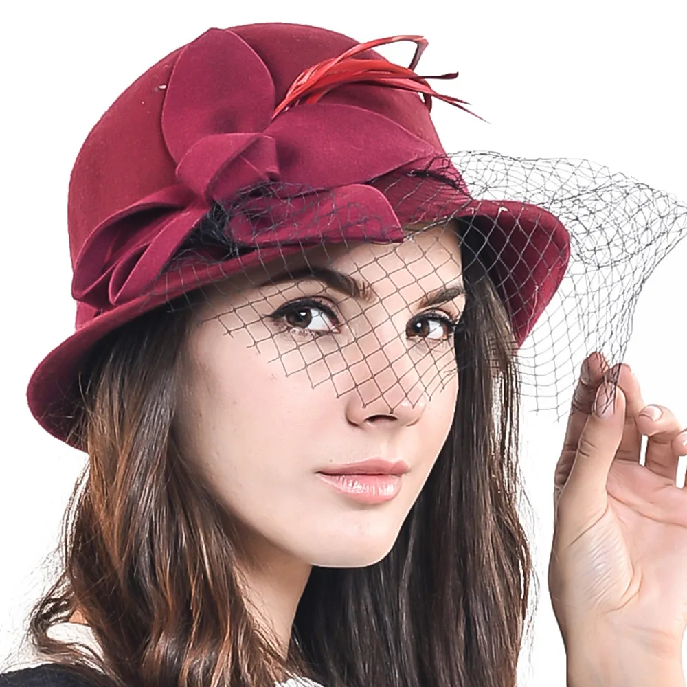 HISSHE Lady Winter 100 Wool Bucket Hats Female Elegant Feather