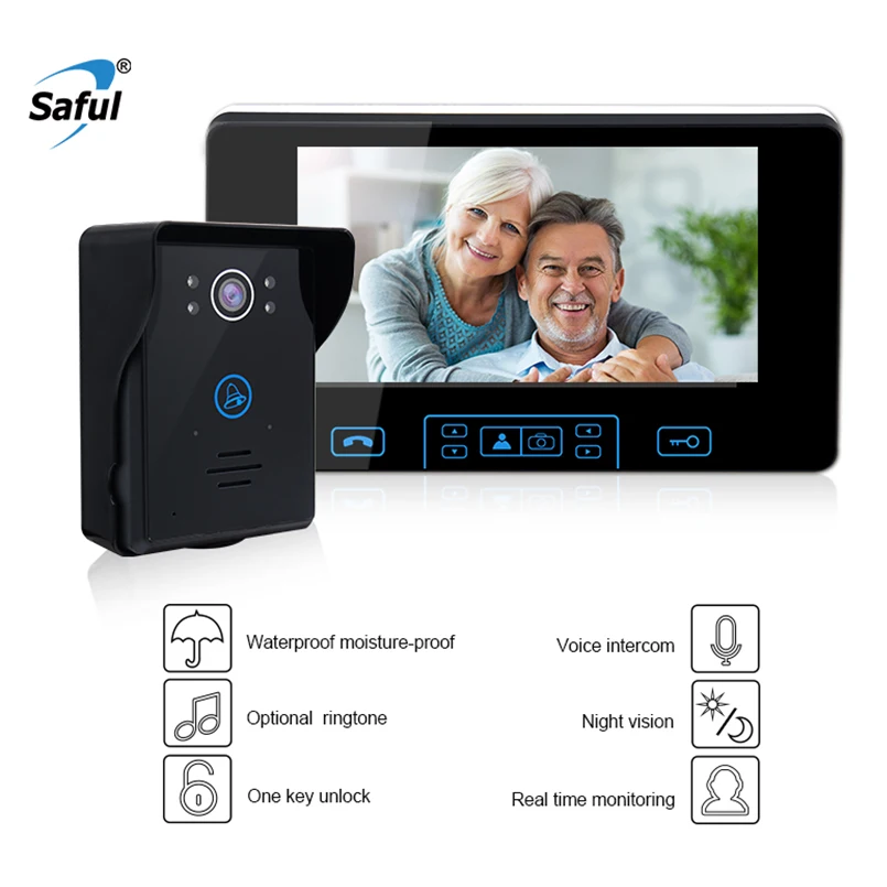 Saful 7 Inch Wireless Video Doorbell Intercom 2.4GHz Digital Door Phone System with 1 Monitor Doorbell Camera Doorbell