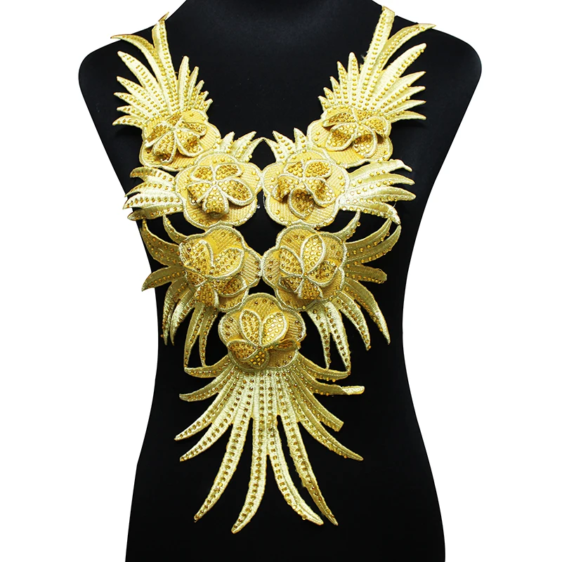 

2piece Beaded Rhinestones Gold Tassel Patches Iron On Collar Stickers 3D Embroidery Neck Applique For Craft Dance Dress T1736