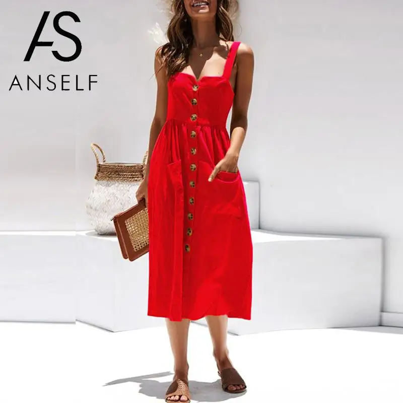 

Elegant Ladies Dress Backless Button Casual Summer Dress 2019 Sexy Spaghetti Strap Off Shoulder Women Midi Dress female Vestidos
