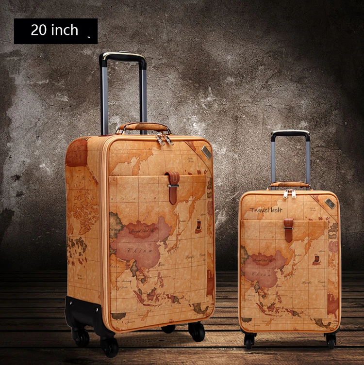 Карта в стиле ретро из искусственной кожи, Скалка багажа, Спиннер, мужской чемодан в деловом стиле, колеса 16 дюймов, женские сумки для путешествий с паролем, Trelloy