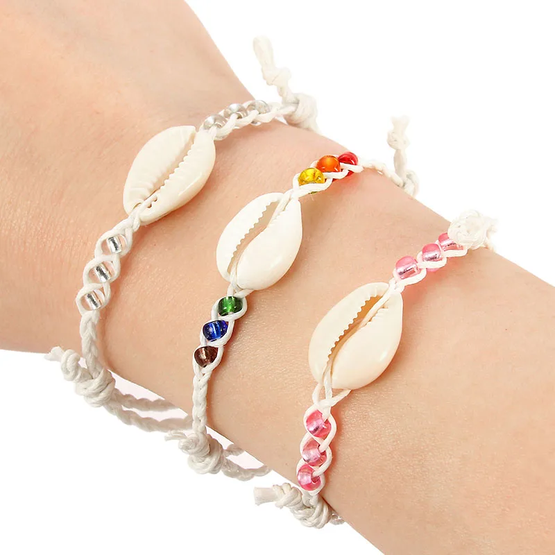 

Fashion Colorful Crystal Beads Shell Charms Bracelet Handmade Braided Straw Rope Bracelets For Women Girls Child Jewelry