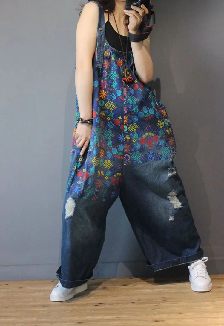 Женский джинсовый комбинезон с цветочным принтом в винтажном стиле размера плюс, повседневный высококачественный комбинезон с широкими штанинами и рваными дырками, женский джинсовый комбинезон