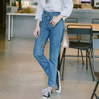 

Nonis 2018 Autumn New Women Sweet Sash Embroidery Straight Jeans Girls Loose No Elastic Denim Pants Trouisers Plus size