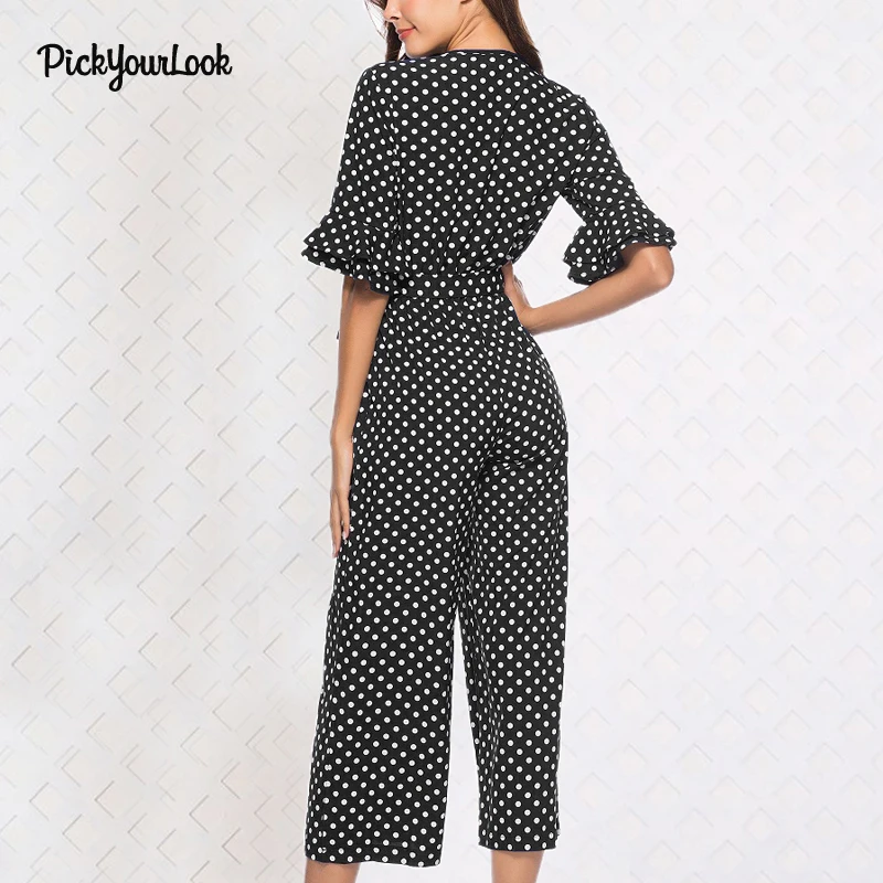 PickyourLook Jumpsuits for Women 2018 Summer Rompers Womens Jumpsuit Flare Sleeve Sexy Polka Dot Jumpsuit Deep V Beach Jumpsuit 