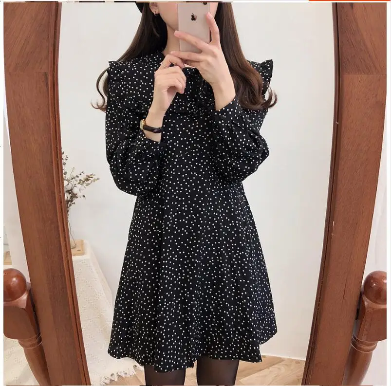 Ceny 2019 śliczna urocza sukienka gorąca sprzedaż kobiety moda koreański styl projekt linia Preppy dziewczyny Vintage Polka Dot potargane Mini czarna sukienka