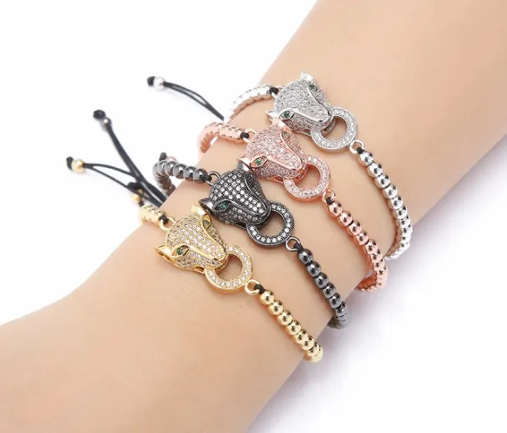 

gold silver micro pave cz Cubic Zirconia rope adjusted Copper Beads Bracelet Leopard head gfj65 Charm Braided Bangles Women