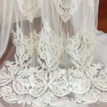 

Super Luxury Tiny Seed Pearl Beading Embroidered Lace Fabric in Ivory, Vintage Style Haute Couture Wedding Gown Fabric By Yard