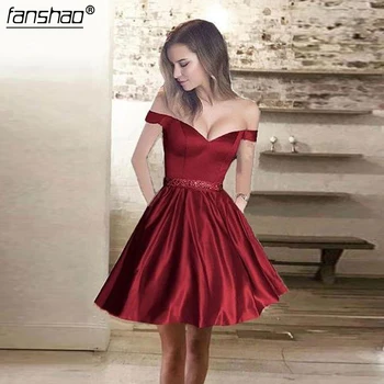 

Burgundy Satin Homecoming Dresses A-line Off The Shoulder Short Mini Beaded Elegant Cocktail Dresses