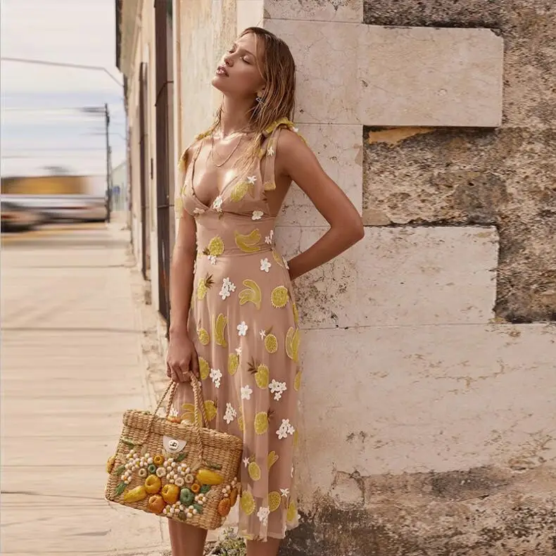 

Summer V-Neck Bud Silk Yarn Fruitpunch Sequin Midi Dress Adjustable Shoulder Strap 3-d Applique Embroidery Long Dress Female