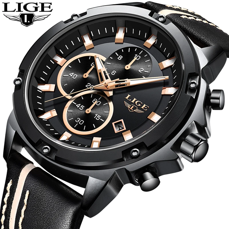 

NewLIGE Mens Watches Fashion Chronograph Male Top Brand Luxury Quartz Watch Men Leather Waterproof Sport Watch Relogio Masculino
