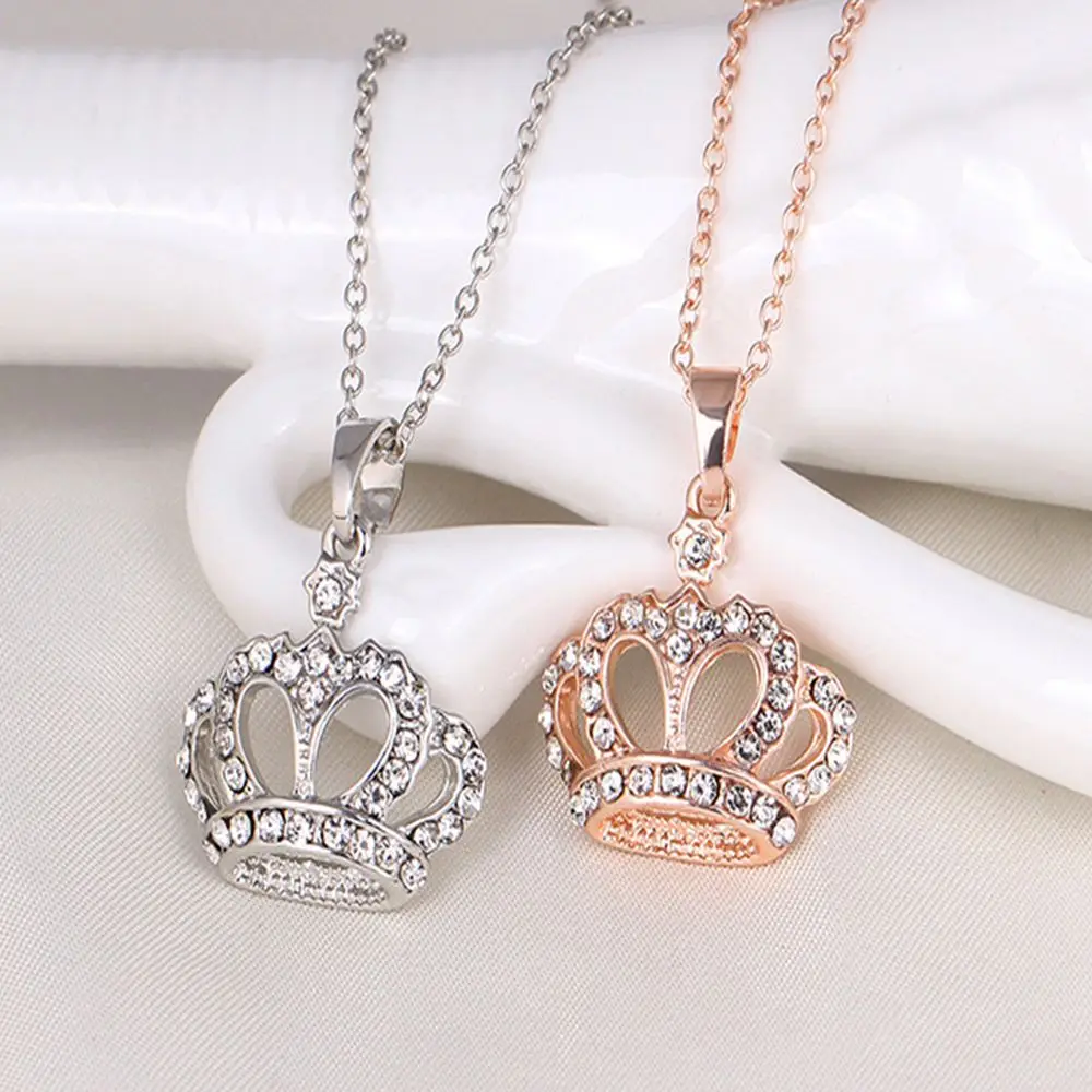 

Fashion High Quality Glitter Crystal Crown Pendant Necklace Elegant Gold Silver Long Chain Necklace Jewelry Hot Gift