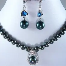 Благородство удача женская натуральная мода 8 мм черный перламутр, жемчужина ожерелье+ 12 мм подвеска нательная серьги набор серебряный крючок