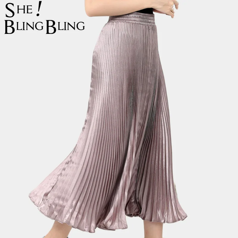 

SheBlingBling 2019 Summer Metallic Bright Silk Fabric Elastic High Waist Women Pleated Skirts Vintage Female Casual Long Skirt